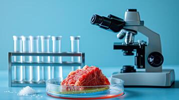 Lab grown meat concept, red synthetic meat with microscope, laboratory accessories, measuring utensils photo