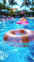 Vertical summer background, swimming pool at a tropical resort with inflatable rings in clear blue water and palm trees, sun beds along the edge of the pool. Travel and rest photo