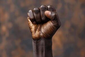 The hand of an African American with a fist raised to the top symbolizing freedom and equal rights. Emancipation and Freedom Day celebrating June 19 photo
