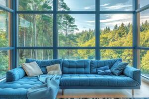 Interior of a cozy living room with a blue corner sofa near a panoramic window overlooking the forest. Minimalist design of a room, apartment, villa, house. photo