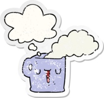 cartoon hot cup of coffee with thought bubble as a distressed worn sticker png