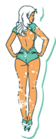 tatouage d'autocollant en détresse dans le style traditionnel d'une fille pin-up en maillot de bain png