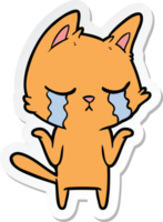 sticker of a crying cartoon cat shrugging png