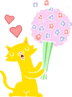 flat color style cartoon cat in love with flowers png