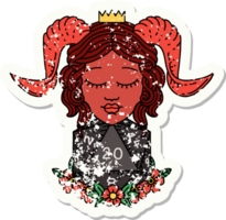 grunge sticker van een tiefling met natuurlijk twintig d20 Dobbelsteen rollen png