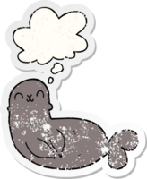 cartoon seal with thought bubble as a distressed worn sticker png