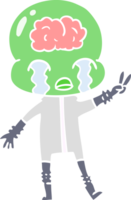 flat color style cartoon big brain alien crying and giving peace sign png