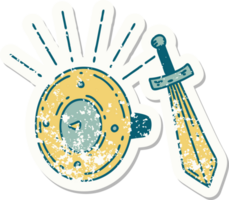 worn old sticker of a tattoo style shield and sword png