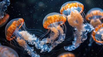 un grupo de Medusa con un naranja cuerpo y largo azul tentáculos nadar libremente submarino en el mar. foto