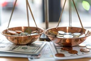 Financial concept. A balance scale with stacks of coins on one side and dollar bills on the other, representing saving and the prudent allocation of money. photo