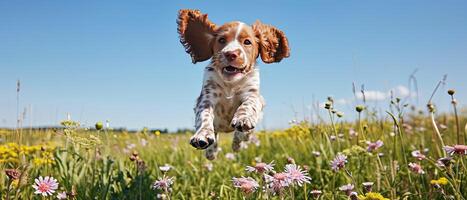 funny spaniel puppy with ears developing on the sides jumps across a flowering meadow on a sunny day with a clear blue sky. photo