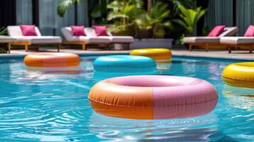 Floating inflatable toys, swimming rings on the clear blue water of the pool, summer vacation, hotel vacation, swimming pool photo