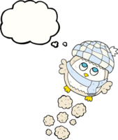 main tiré pensée bulle dessin animé mignonne peu hibou en volant png