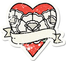 distressed sticker tattoo in traditional style of a heart and banner with flowers png