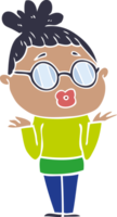 flat color style cartoon confused woman wearing spectacles png