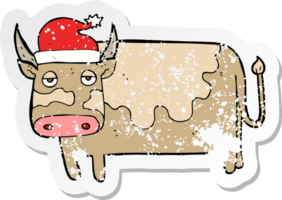pegatina retro angustiada de una vaca de dibujos animados con gorro de navidad png