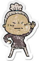 distressed sticker of a cartoon annoyed old lady png