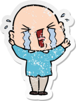 distressed sticker of a cartoon crying bald man png