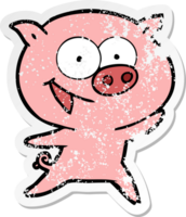 distressed sticker of a cheerful pig cartoon png