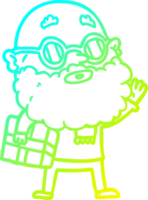 cold gradient line drawing of a cartoon curious man with beard sunglasses and present png