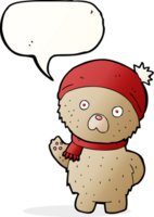 cartoon teddy bear in winter hat and scarf with speech bubble png