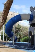 Items for games and sports on the playground in the city park. photo