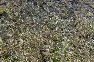 The color of water in the Mediterranean Sea in shallow water. Natural abstract background. photo