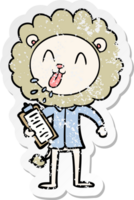 distressed sticker of a happy cartoon lion png