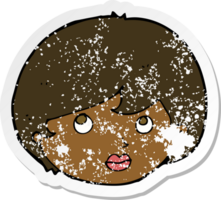 retro distressed sticker of a cartoon female face looking upwards png