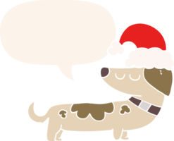 cartoon dog wearing christmas hat with speech bubble in retro style png
