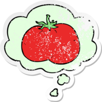 cartoon tomato with thought bubble as a distressed worn sticker png