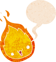 mignonne dessin animé flamme avec discours bulle dans grunge affligé rétro texturé style png