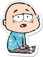 distressed sticker of a cartoon tired bald man png