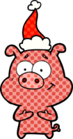 happy hand drawn comic book style illustration of a pig wearing santa hat png