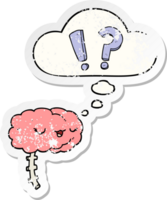 cartoon curious brain with thought bubble as a distressed worn sticker png