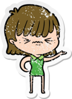 distressed sticker of a annoyed cartoon girl png