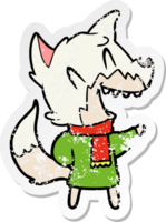 distressed sticker of a laughing fox wearing winter clothes png