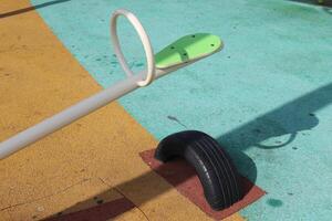 Items for games and sports on the playground in the city park. photo