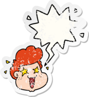 cartoon boy's face with speech bubble distressed distressed old sticker png