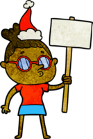 hand drawn textured cartoon of a woman wearing glasses wearing santa hat png