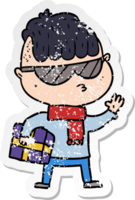 distressed sticker of a cartoon boy wearing sunglasses carrying xmas gift png