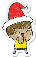 hand drawn distressed sticker cartoon of a happy man wearing santa hat png