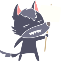 lobo de desenho animado de estilo de cor plana com poste de sinal mostrando os dentes png