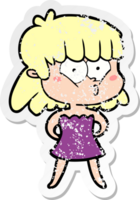 distressed sticker of a cartoon whistling girl png