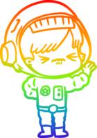 rainbow gradient line drawing of a angry cartoon space girl waving png