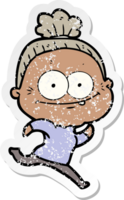 distressed sticker of a cartoon happy old woman png