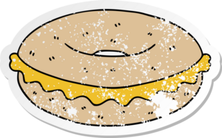 distressed sticker of a quirky hand drawn cartoon cheese bagel png