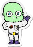 distressed sticker of a waving weird bald spaceman png