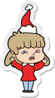 mano dibujado pegatina dibujos animados de un preocupado mujer vistiendo Papa Noel sombrero png