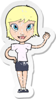 retro distressed sticker of a cartoon woman waving png